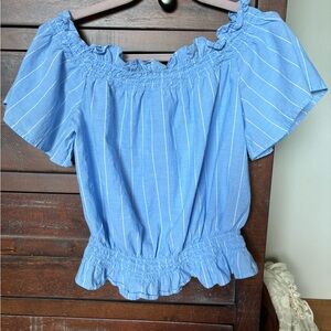 Express Smocked Waist Off the Shoulder Top - Blue/Wht Striped Size M
